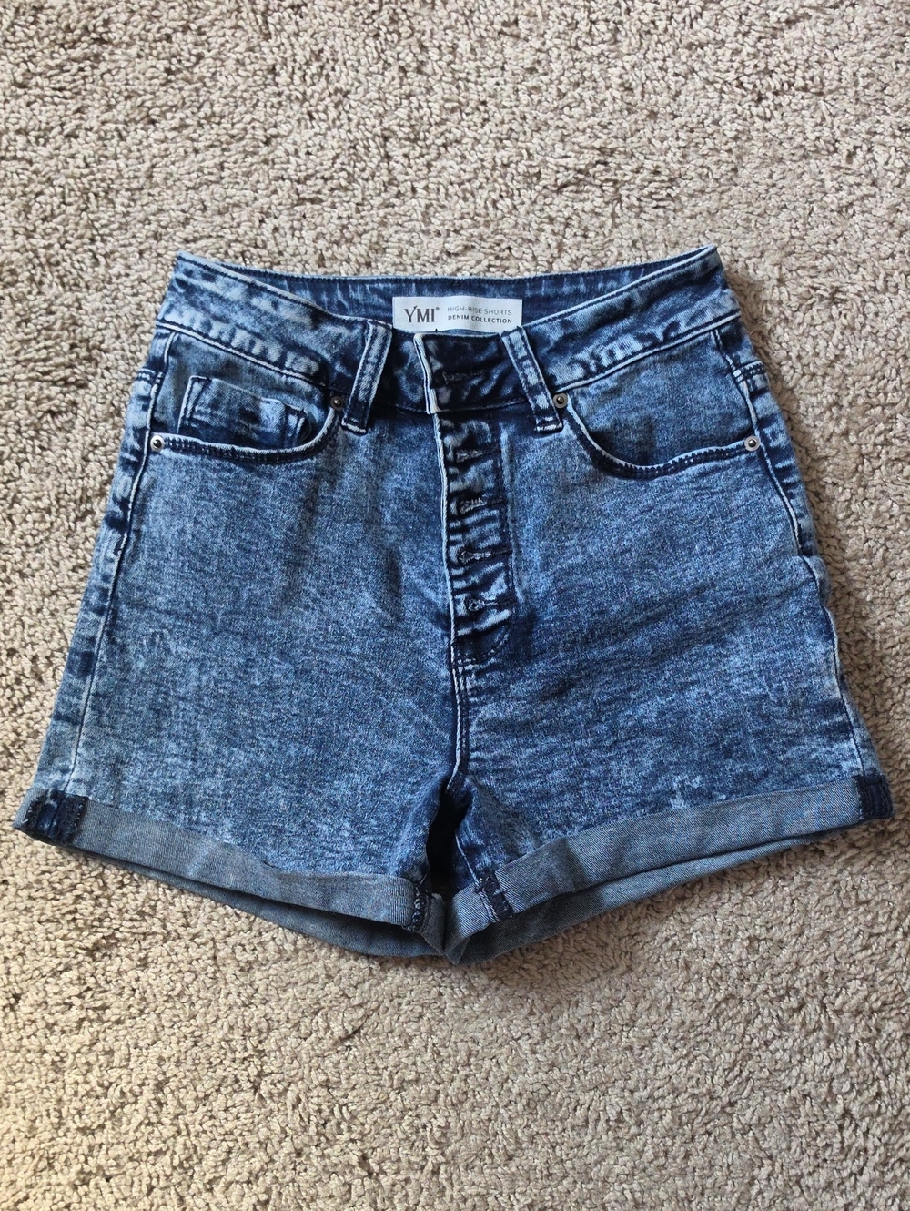 YMI High-Rise Button-Fly Acid Wash Denim Shorts - Blue